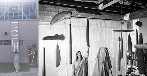 "Giants" exhibition &emsp; Handmade applique banner &emsp; 2017 <br>"Giants" exhibition &emsp; Carved Wood Mobiles &emsp; Small Trade Co., San Francisco &emsp; 2017