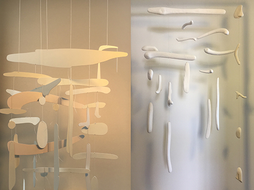 (left) "The White Show" &emsp; Steel Mobiles in progress &emsp; 2017 &emsp; &emsp; <br />(right) Cast concrete mobile suite &emsp; 2017