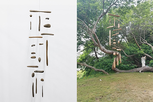 (left) "Tower Mobile" &emsp; Driftwood mobile maquette &emsp; 2017 &emsp; &emsp; <br />(right) "Elm Tower Mobile" &emsp; Carved elm wood mobile &emsp; 2017