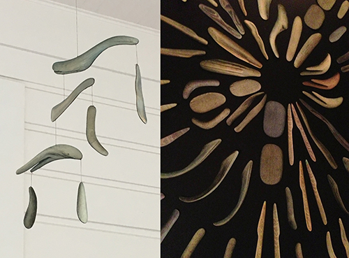 (left) "Paper Bones" &emsp; Driftwood paper mobile &emsp; 2017 &emsp; &emsp; (right) "Kaledascope" &emsp; Driftwood scan paper cut outs &emsp; 2017
