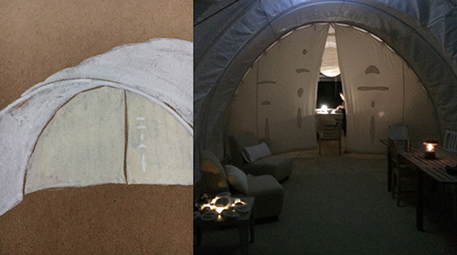 (left) Handmade applique quonset hut noren rendering &emsp; 2016 <br>(right) Desert Pearl Cantina and Sculpture Garden Theme Camp &emsp; Burning Man, Nevada Desert