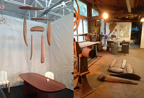 "Elm Mobile" &emsp; Salvaged elm and rope &emsp; 60"x90" &emsp; 2014 <br>"Elm Mobile" in progress &emsp; Espenet Furniture &emsp; Bolinas, California &emsp; 2014