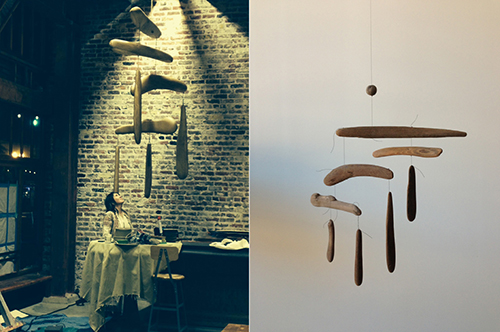 "Oak Mobile" &emsp; Salvaged oak and rope &emsp; 80"x86" &emsp; 2013 <br>"Oak Mobile" &emsp; Driftwood maquette &emsp; 15"x16" &emsp; 2013