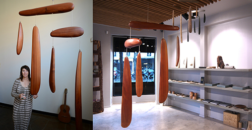 "Rosewood Mobile" &emsp; Salvage rosewood and hemp rope &emsp; 48"x40" &emsp; 2009-2012 <br>"A Dialogue of Women in America" &emsp; "Rosewood Mobile" &emsp; Paris &emsp; 2013