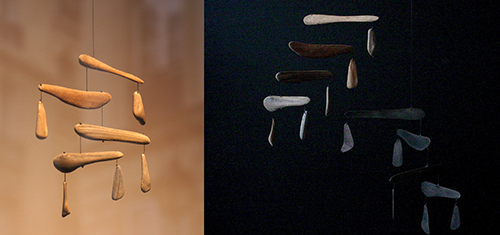 (left) "Mini" &emsp; Driftwood and string &emsp; 4"x4" &emsp; 2010 &emsp; &emsp; <br />(right) Driftwood and steel mini mobiles &emsp; Oakland studio &emsp; 2013