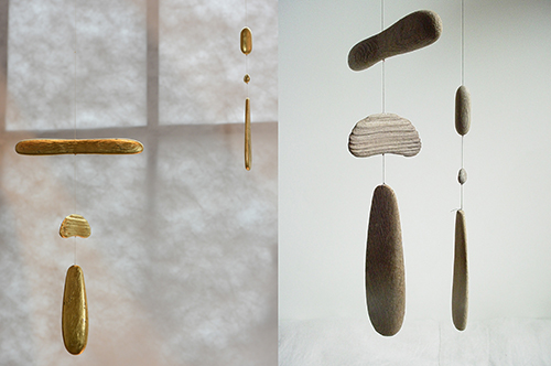 "Gilt" &emsp; Driftwood, jesso, clay, pure gold leaf, string and 18k gold pins &emsp; 13"x20" &emsp; 2013 <br>Balanced driftwood ready for archival water gilding