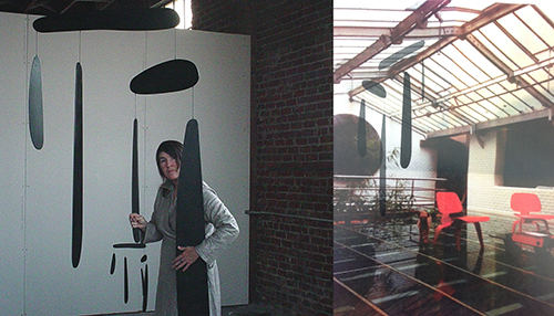 "Aluminum Split Level Giant" &emsp; Patinaed aluminum, rope and swivel shackle 48"x84" &emsp; 2013 <br>Aluminum mobile rendering for commission &emsp; Paris residence