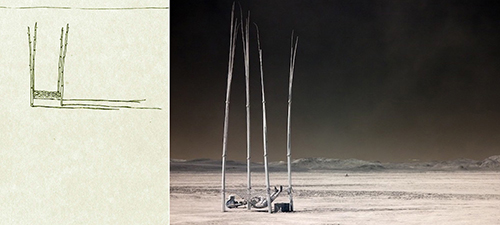 "Bide" &emsp; Hemp rope and timber bamboo bed rendering &emsp; 2010 &emsp; &emsp; "Bide" &emsp; 84"x60"x360" &emsp; Burning Man, Nevada Desert &emsp; 2010