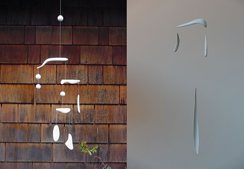 "White Space" &emsp; Driftwood, enamel paint, string and clam shell bead &emsp; &emsp; 10"x24" &emsp; 2009 <br>"White Twist" &emsp; Driftwood, pvc, enamel paint, string and clam shell bead &emsp; 16"x27" &emsp; 2009