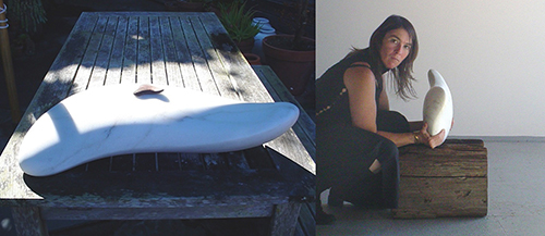 (left) "Chi" &emsp; Yule marble &emsp; 22"x5"x13" &emsp; 2007 &emsp; &emsp; <br />(right) Ruth and Chi &emsp; Denver Show &emsp; 2007