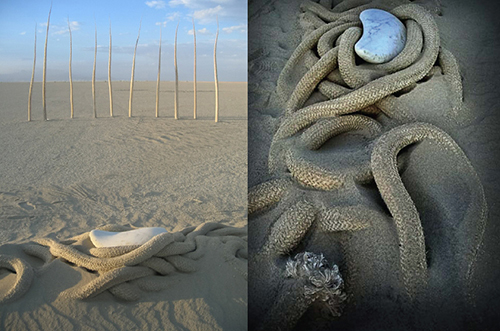 (left) "Onward and Chi" &emsp; Yule marble, rope, preserved agave and rebar &emsp; 180"x15"x480" &emsp; 2007 <br />(right) After dust storm &emsp; Burning Man &emsp; 2007