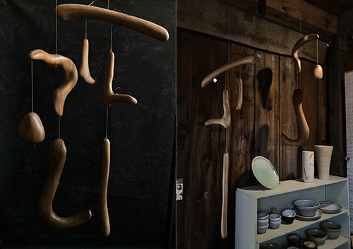 (left) Brutal Mobiles &emsp; Carved elm wood and oak wood and Dutch hemp rope &emsp; &emsp; <br>(right) Bolinas Open Studio &emsp; 2019